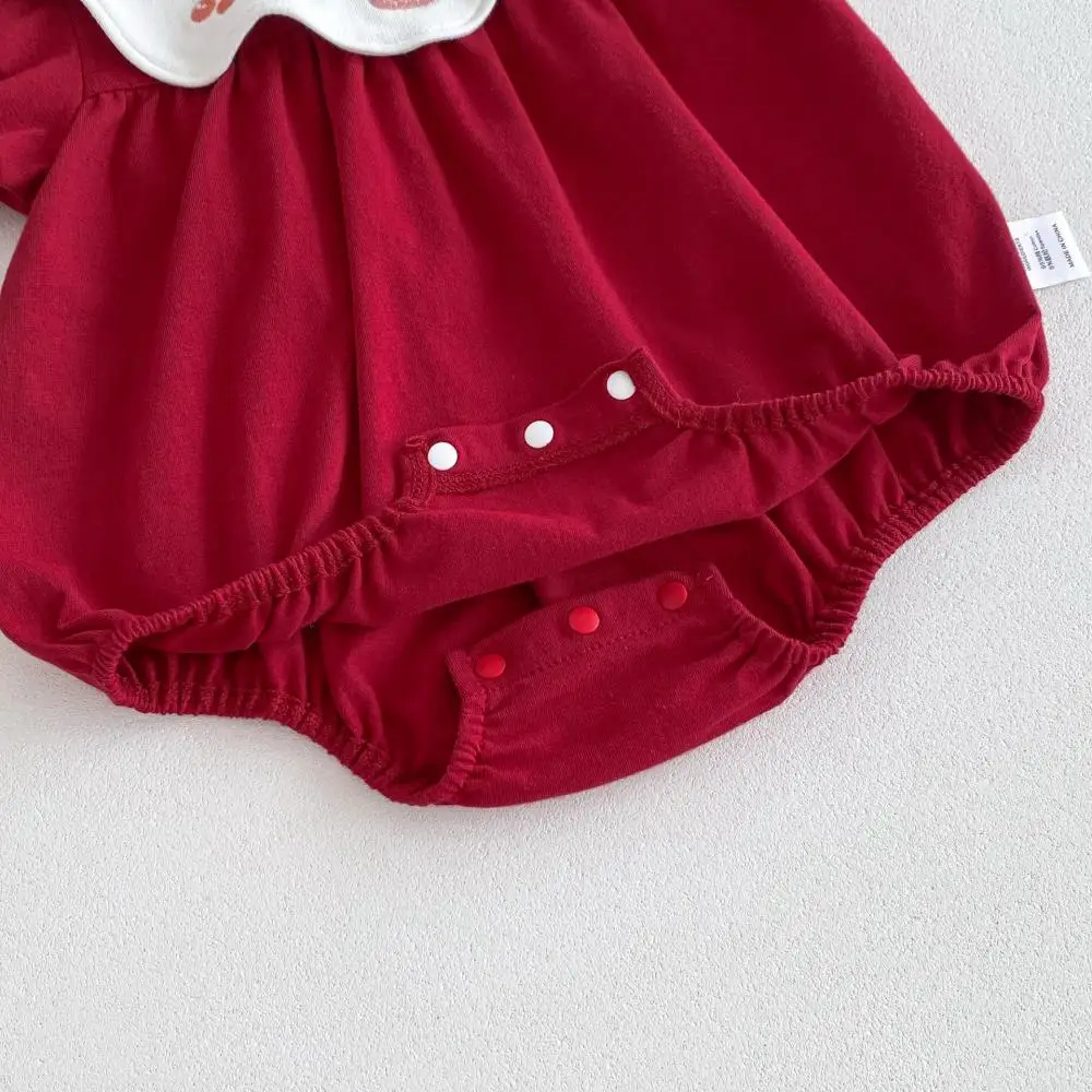 2024 Cartoon Embroidered Doll Neck Baby Girls Romper Cute Girl Red Simple Bodysuit First Birthday Family Party Newborn Clothing