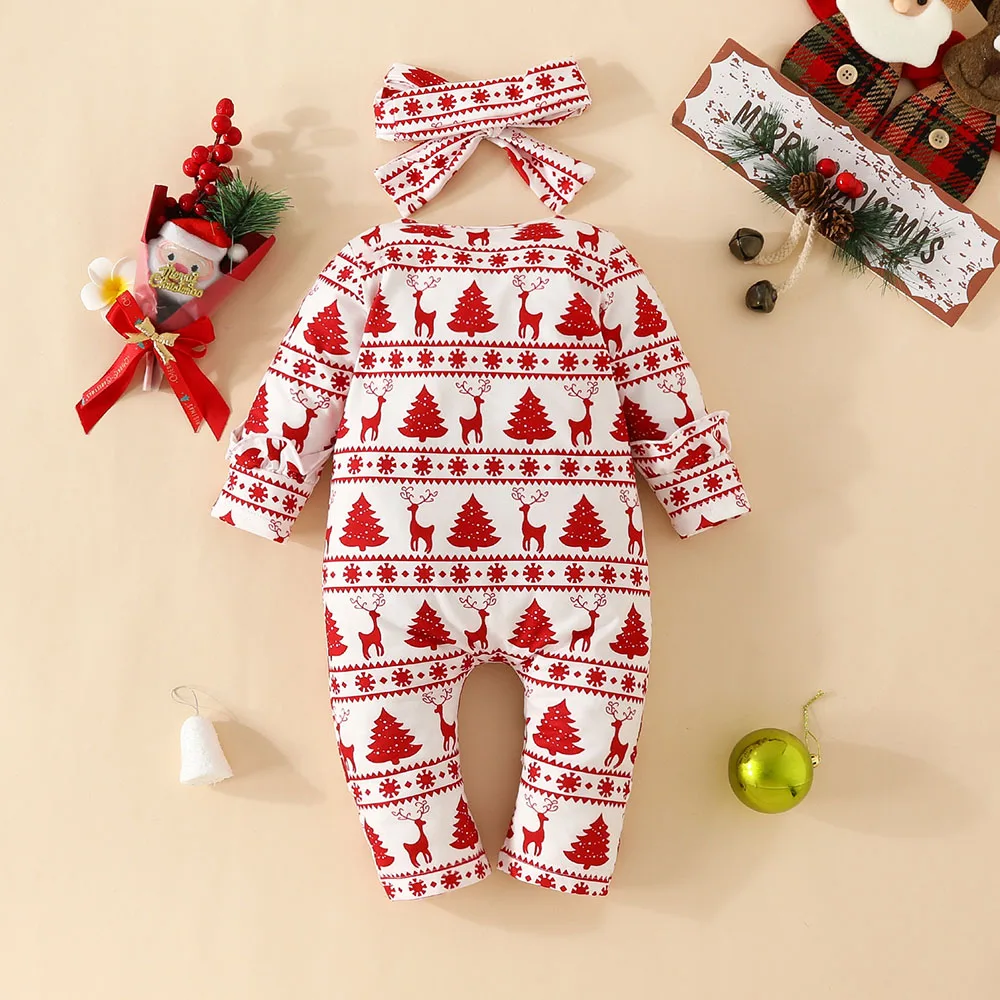 2024 Christmas Romper for Newborn Cute Christmas Tree Print Ruffle Long Sleeve Stripe Zipper Romper with Headband