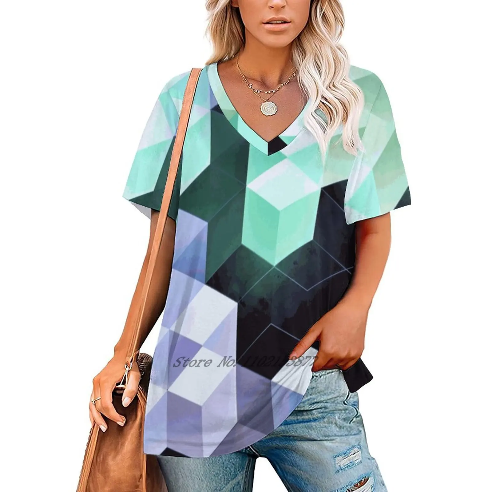 0672 / / Blyckmynt Women's Clothing V-Neck Tops Zipper Tee Ladies Casual Sexy T-Shirt 3D Pastel Black Abstract Shape Cube