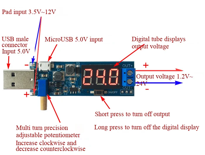 DC-DC USB-Boost-Stromversorgungsmodul, Spannungsregler 5V auf 3,3V, 9V, 12V, 24V, Desktop-Stromversorgungsmodul – Detail 2
