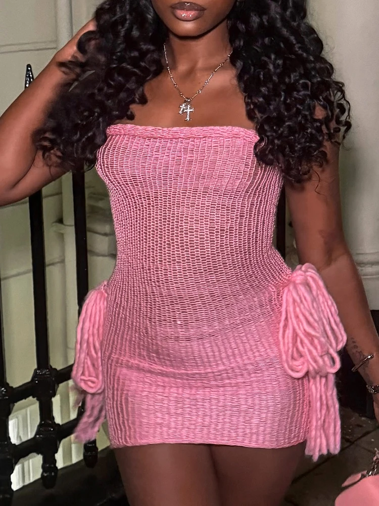 크로셰 스트랩리스 드레스 여성 섹시 오프숄더 백리스 태슬 스키니 피치힙 핫티 미드나잇 파티 미니 바디콘