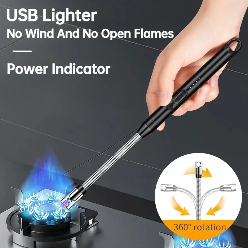 USB 360° Kitchen Candle Gas Stove Plasma Pulse Electric Arc Lighter Outdoor Metal Windproof Power Display Ignition Flamethrower