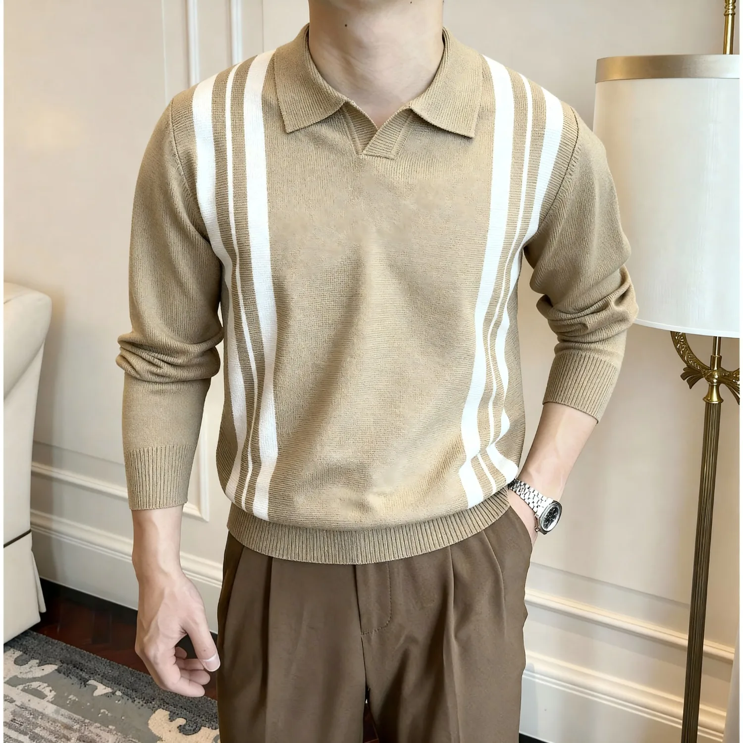 

Autumn Winter Men's Knitted Slim Fit irt Color Blo Striped Casual Busin Retro Briti Sle Soft Polyester Fiber