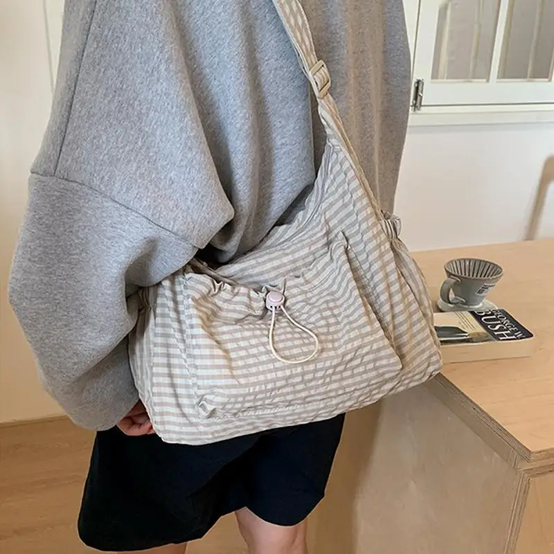 Fotografia 6: Bolsa de Ombro Leve com Estampa Xadrez Coreana para Mulheres e Meninas, Moda para Compras e Lazer