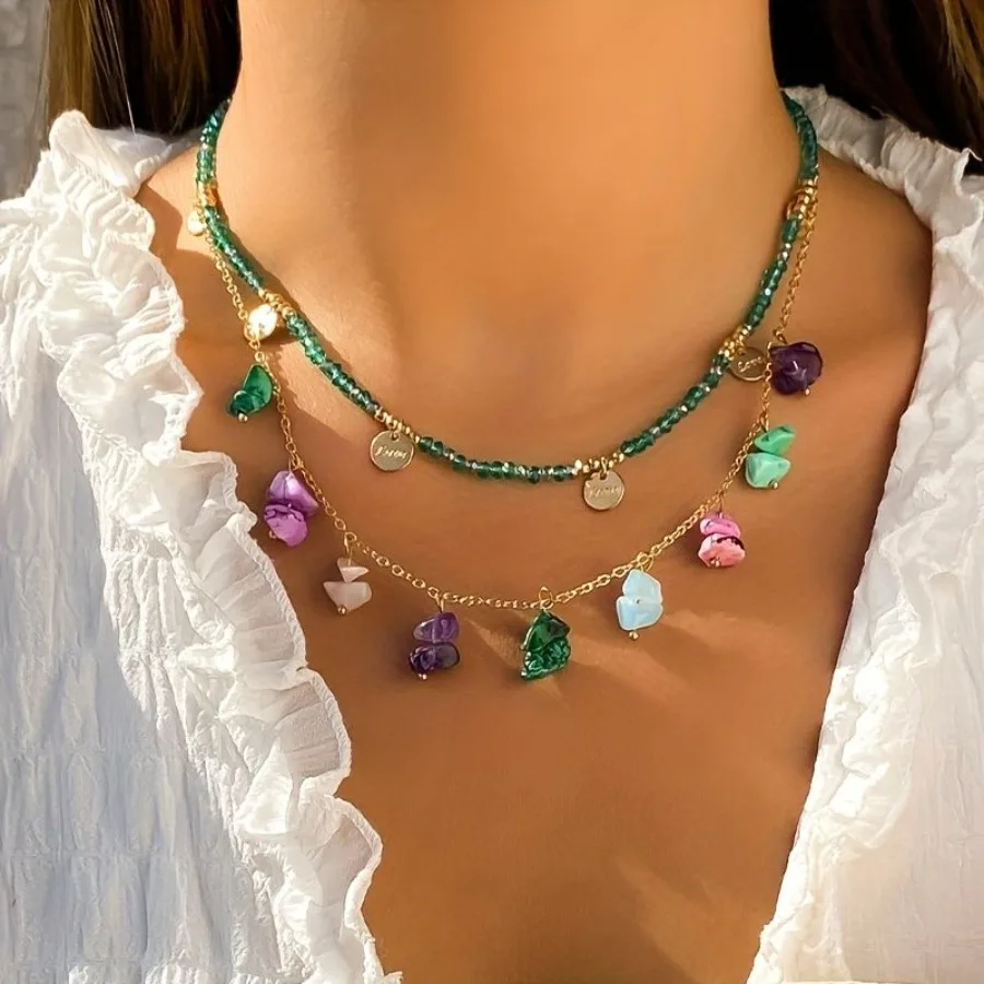 2 pièces coloré pierre concassée Turquoise Seq pendentif cristal perlé Vintage colliers