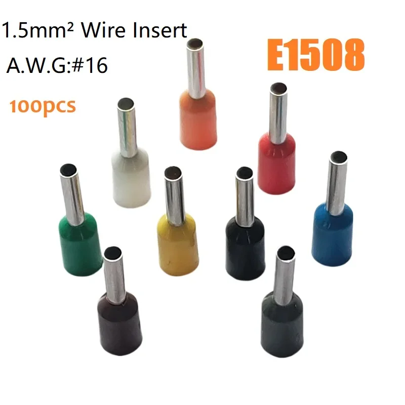 100PCS 1.5mm² 16 AWG Insulated Ferrules Cable Lug Single Cable Type Electrical Cord End Connector Cold Crimping Terminal E1508