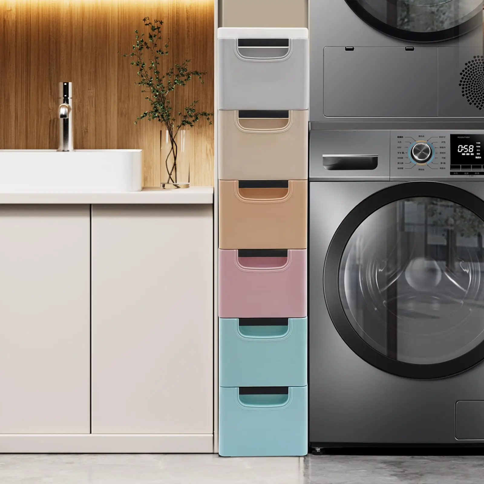 

Узкий шкаф для хранения с 6 ящиками, штабелируемая пластиковая башня для хранения, тонкий органайзер для кухни, ванной комнаты, гостиной, офиса