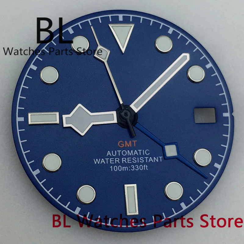 Bliger 29mm Zifferblatt schwarz blau weiß Schneeflocke Zeiger orange gelb gmt Zeiger passen nh34 Bewegung grün leuchtend 3 Uhr Krone