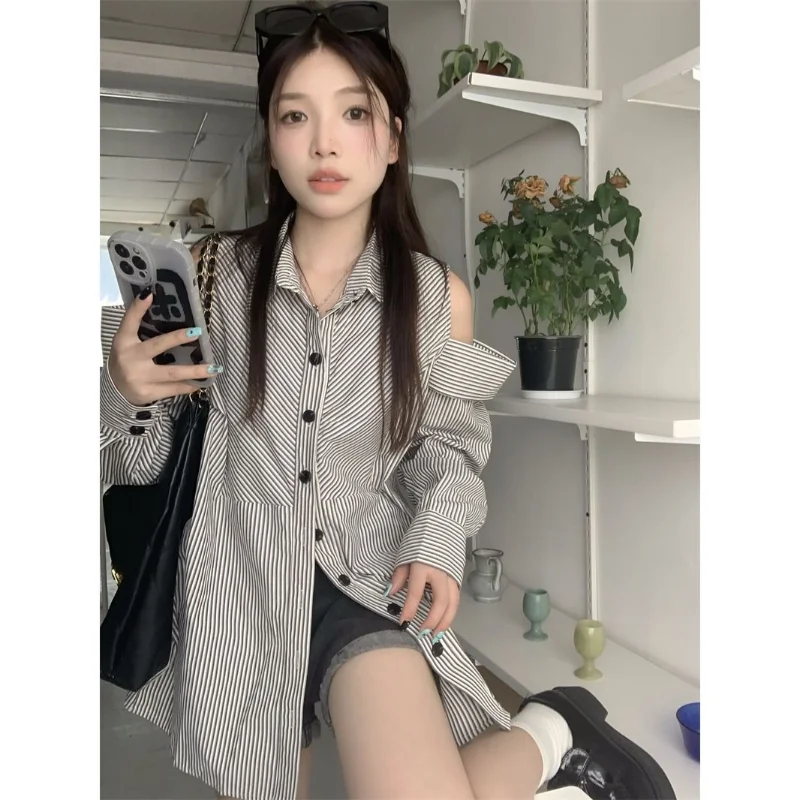 Off Shoulder Striped Loose Blouse Spring New Polo Neck Long Sleeve Button Korean Shirt Tops Vintage Fashion Y2K Women Clothing