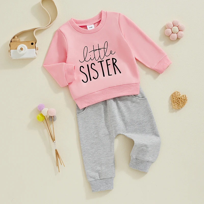 Baby and Sister Matching Outfits Letter Print Long Sleeve Pullover Sweatshirt Elastic Waist Pants for Fall Winter