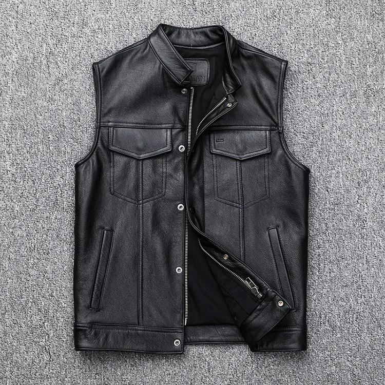 

Autumn First Layer Cowhide Motorcycle Biker Black Vest Men's Leather Sleeveless Jacket Women's Genuine Leather Coat