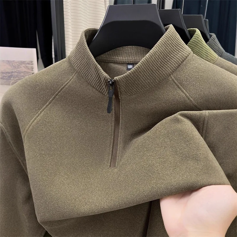 

Мужская толстовка с воротником-стойкой на молнии, осенняя модная футболка с длинными рукавами, универсальная однотонная свободная внутренняя одежда, верхняя куртка