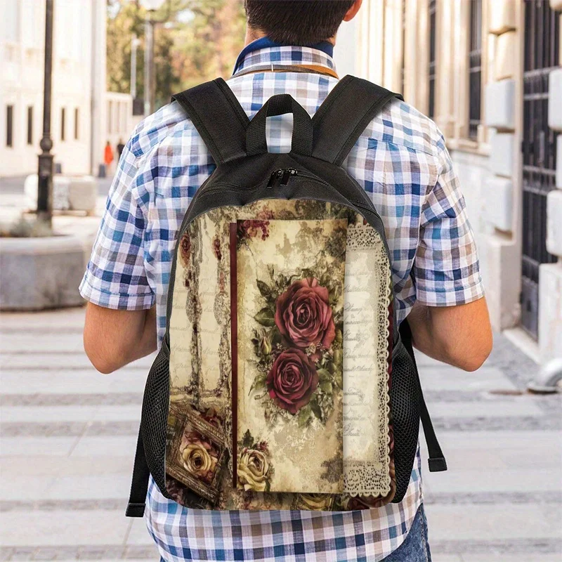 

1 Retro Rose Backpack - 2D Flat Print School Bag with Adjustable Strap and Zipper Closure, Durable Paper Material