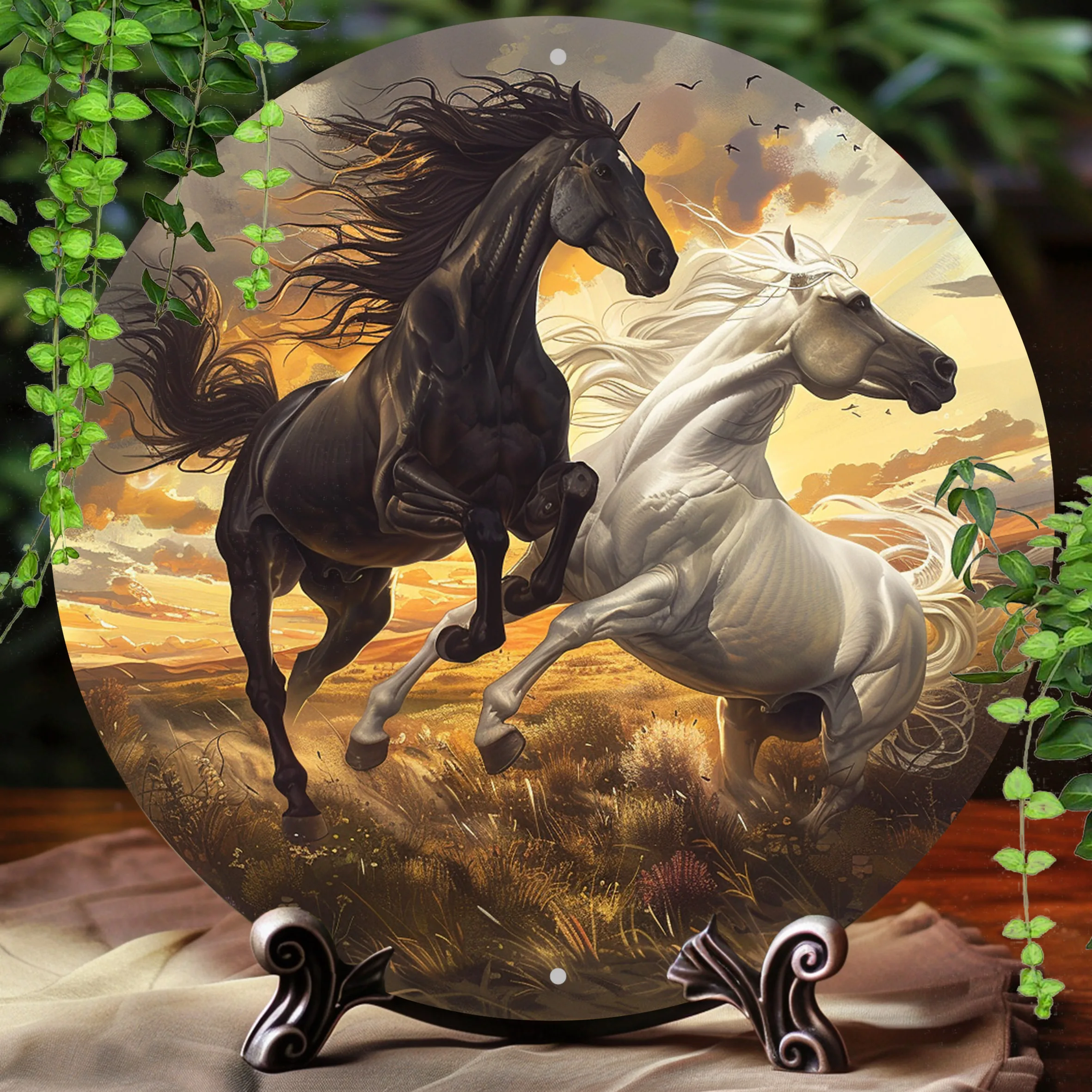 

2D Flat, 2D Flat Vintage Print Round Aluminum Sign: Horse Themed Wall Art For Bar, Kitchen, Coffee, Home, Room, Living Room, Off