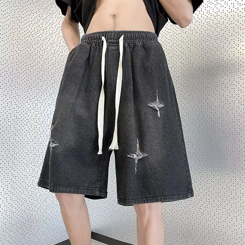 Summer 2024 New Star Hole Denim Shorts For Men Blue Elastic Waisted Horse Male Five Point Shorts Jeans