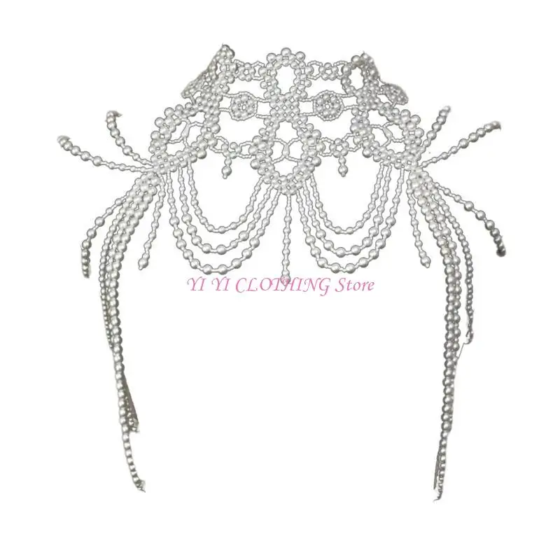 

N5KF Unique Designing Pearls Shawl Chain Shoulder Shawl Fashion Accessory for Parties