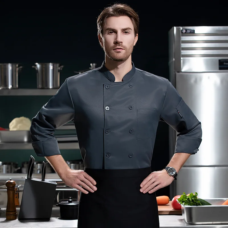 

Cotton double-breasted chef workwear, autumn and winter long-sleeved restaurant workwear, hotel kitchen clothes, chef uniform