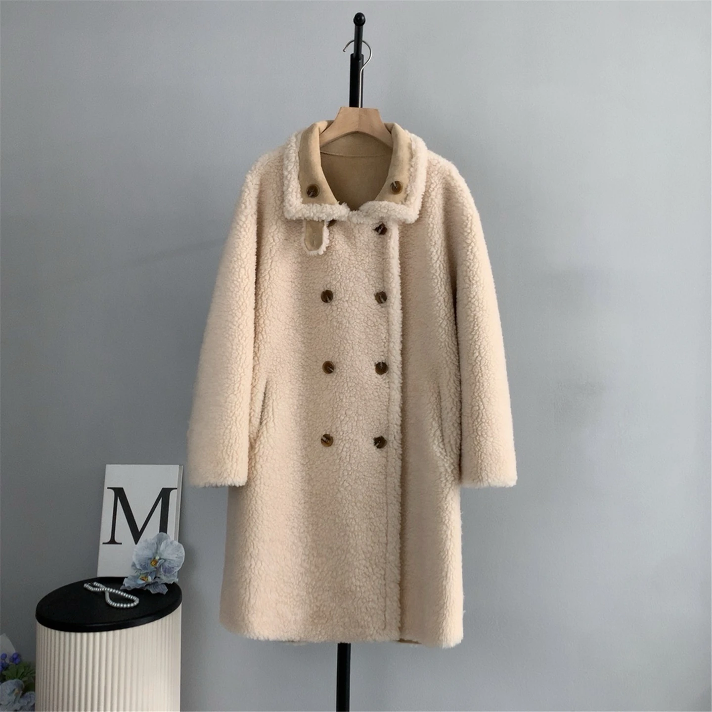 معطف نسائي متكامل من الفرو مزدوج الجوانب للخريف والشتاء معاطف لامبير مزدوجة الصدر موضة من جلد الغزال سترة دافئة سميكة