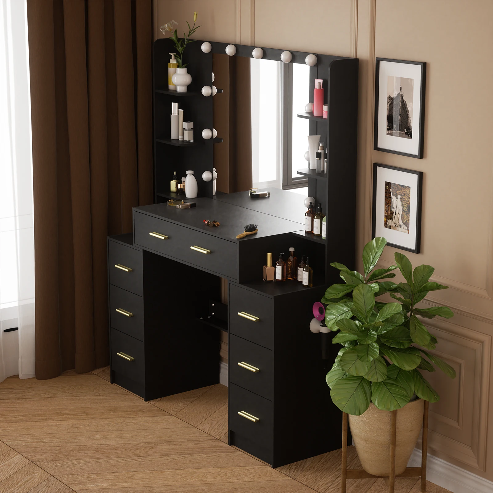 Office Furniture Credenza - Ensemble de coiffeuse noire avec miroir