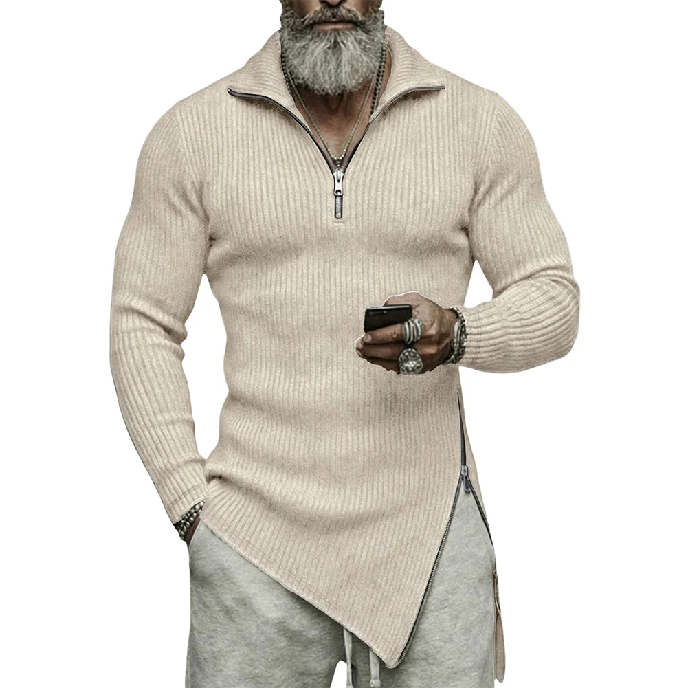 Men Lapel Half Zipper Casual T-shirts Side Fork Fitness Long Sleeve Sweatshirts