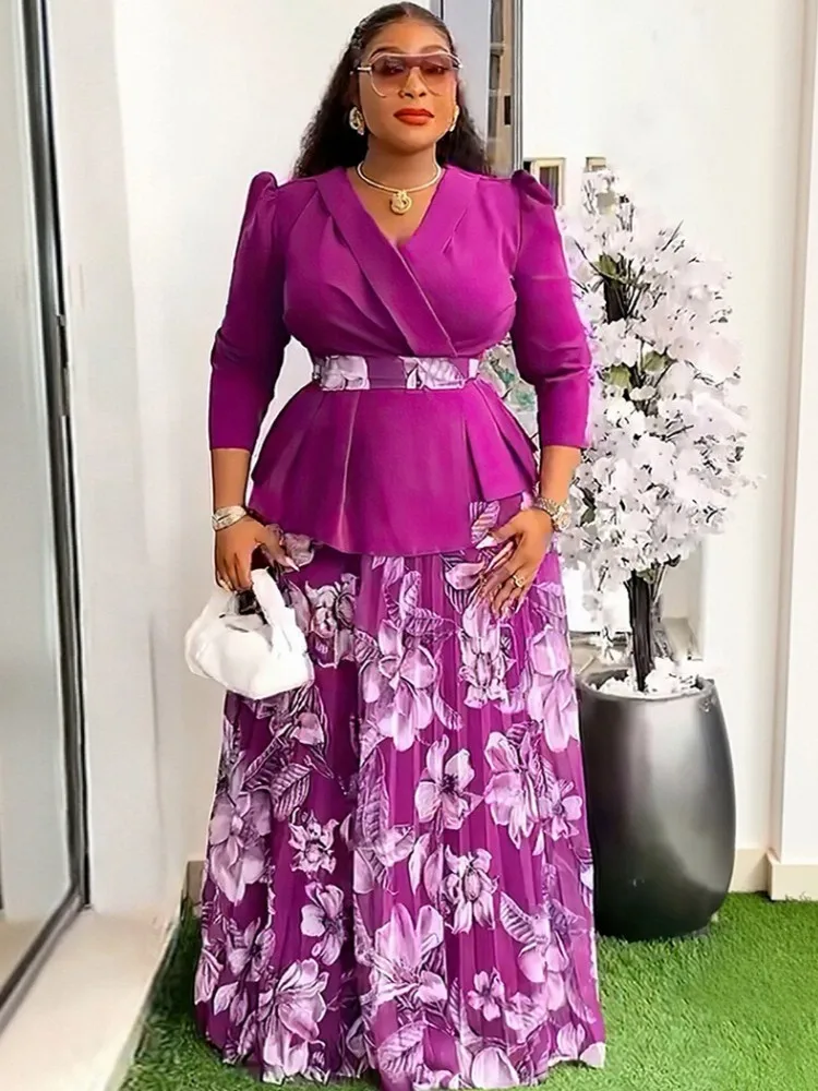 

African Dresses For Women Two Piece Set Tops Pleated Skirt Suit Clothing Dashiki Party Traditional Robe Ankara Outfits Kaftan