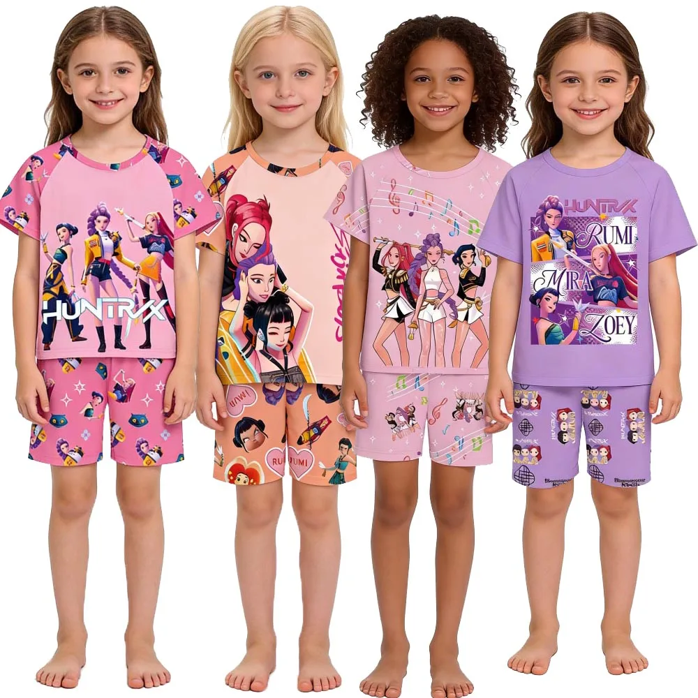 Kpop Demon Hunters Girls Clothing Sets Children Pajamas Summer Short Sleeve Sleepwear Teen Girl Outfits Rumi Zoey Huntrix Suits