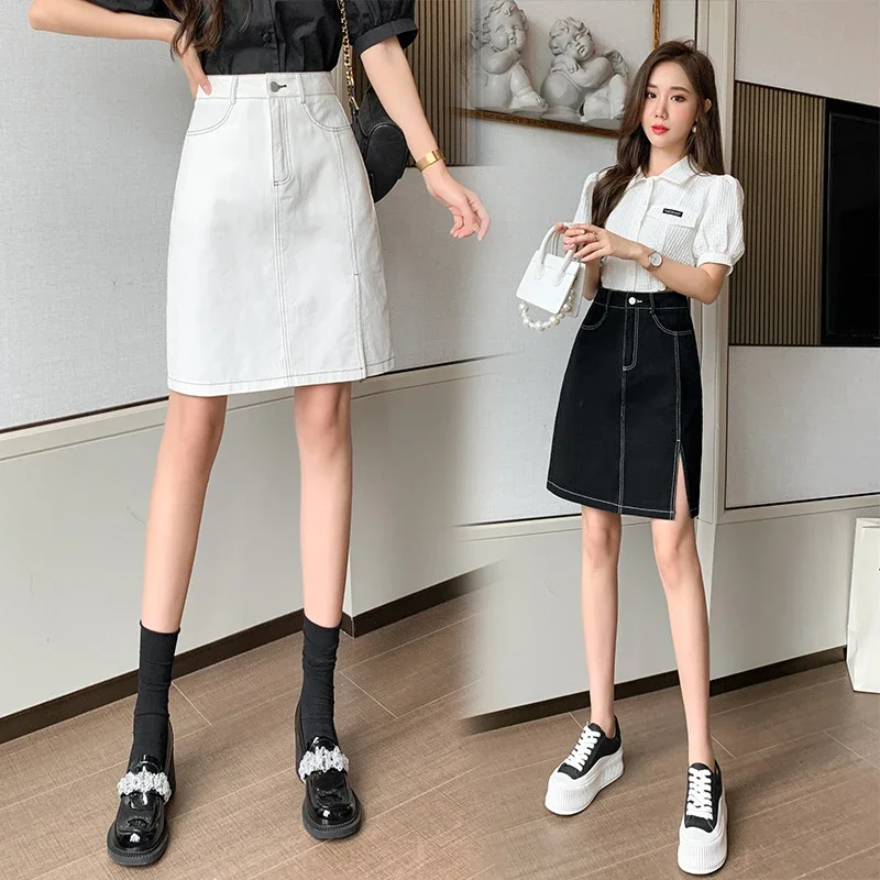 

Washed Black High Waist Denim Skirt Women Fashion Slit A-line Knee Length Skirt Summer Female Casual Short Skirts