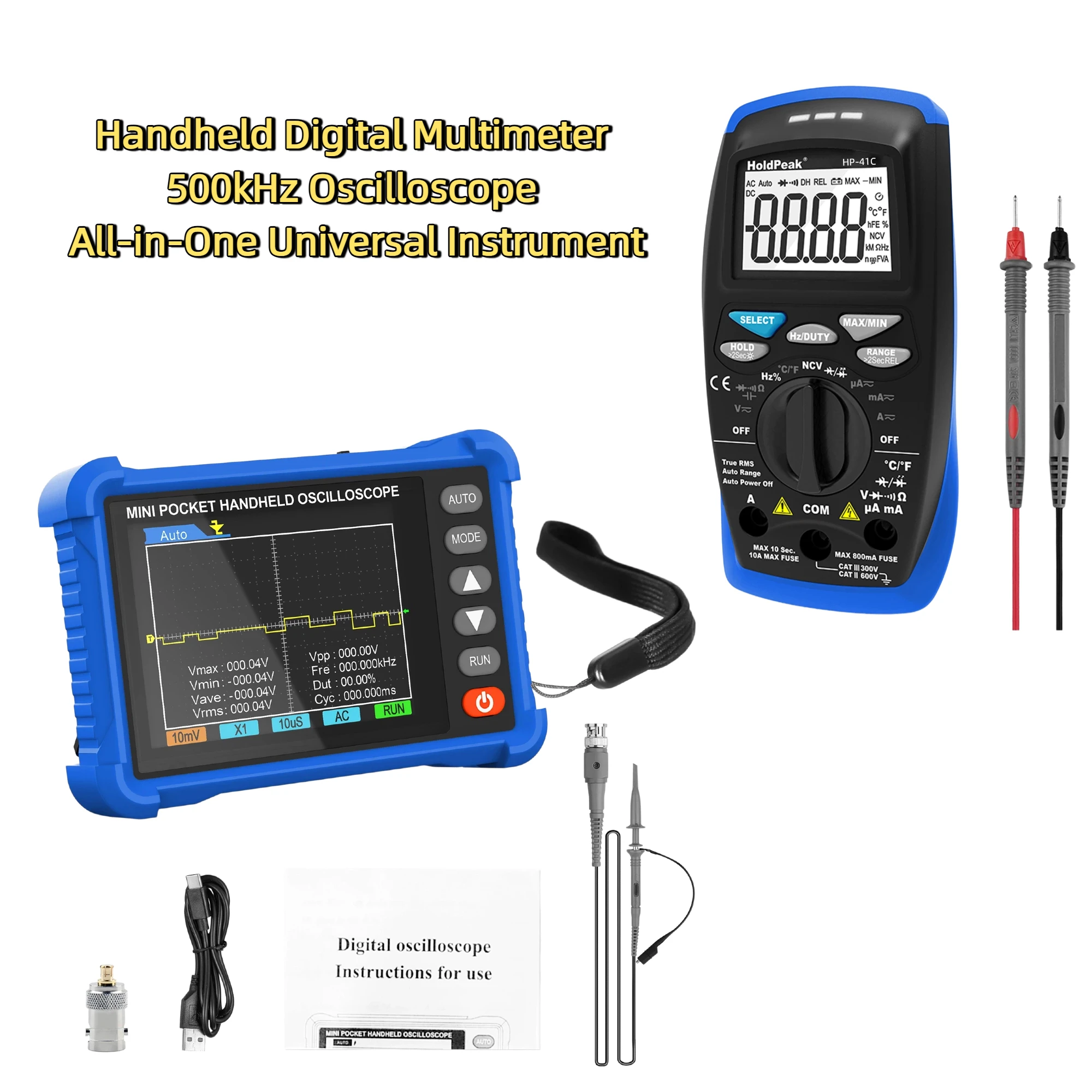 

Handheld Color Screen Digital Multimeter and 500kHz Oscilloscope Two-in-One Universal Instrument