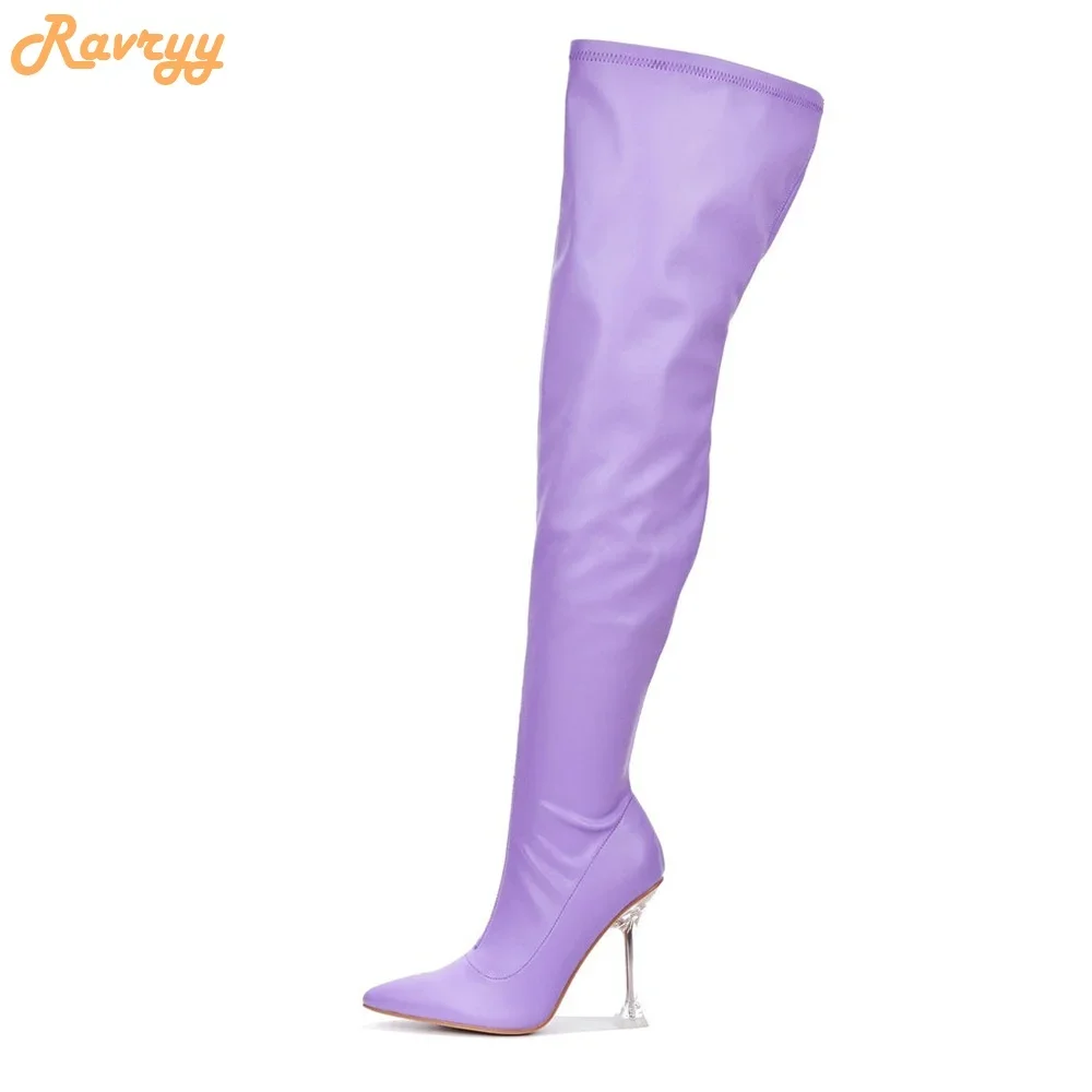 Clear Wine Glass Heel Leather Boots Side Zipper Pointed Over Knee Boots Women Fashion Plus Size Pant Boots Purple Sexy Long Boot