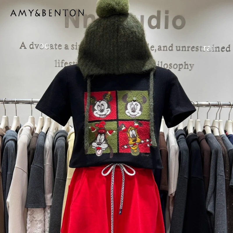 

Осень-зима 2022, утепленная короткая футболка с начесом, пуловеры, женские футболки с короткими рукавами и вышивкой из мультфильмов, футболки с короткими рукавами и обычными плечами