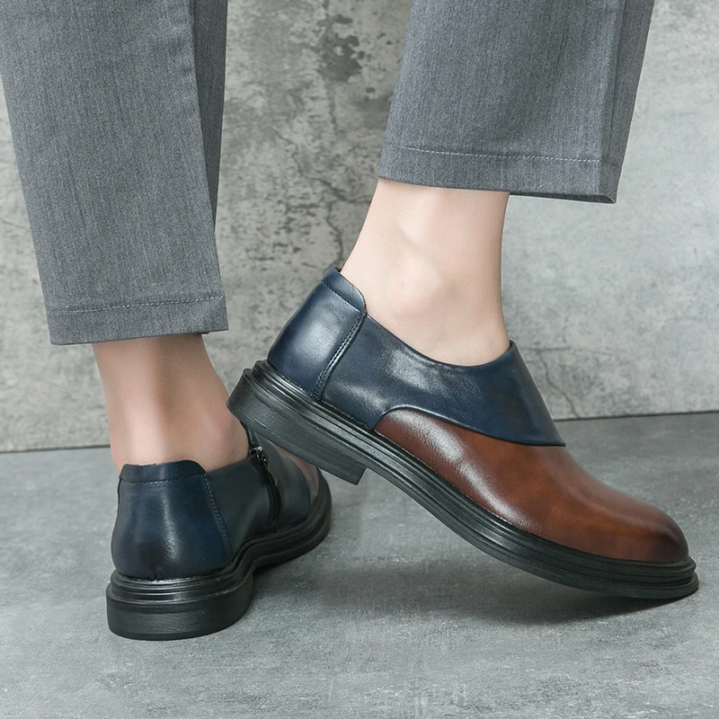 Men Two-Tone Casual Dress Shoes Stylish Comfortable Zip-Up Oxford Shoes for Business Leisure Minimalist Design with Side Zipper