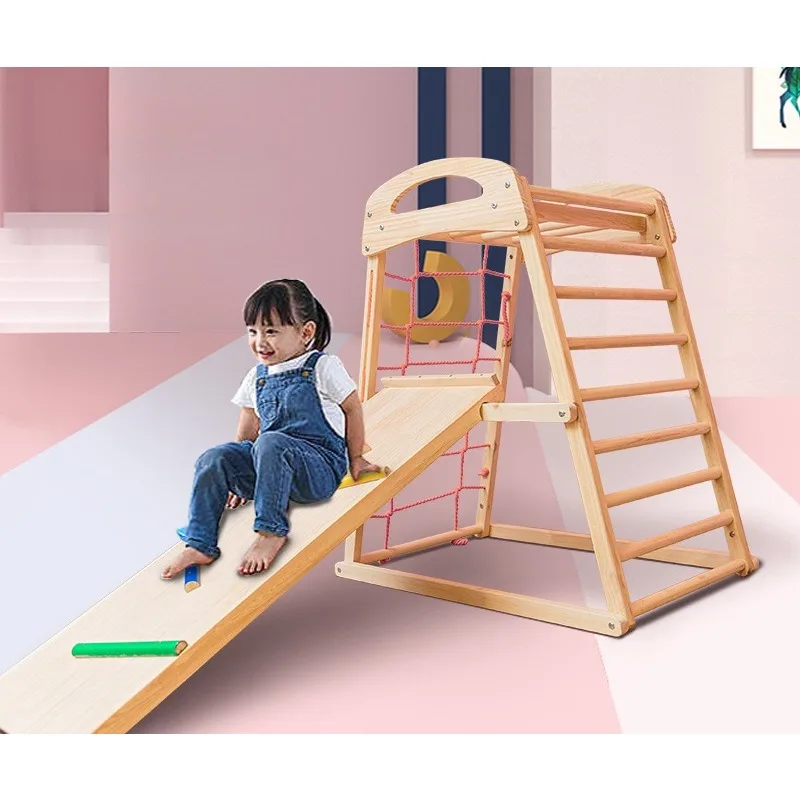 Wooden Indoor Climbing Gym Slide Swing Set Rock Wall Natural Solid Wood Toddler Playset for Baby Home Family Room Exercise