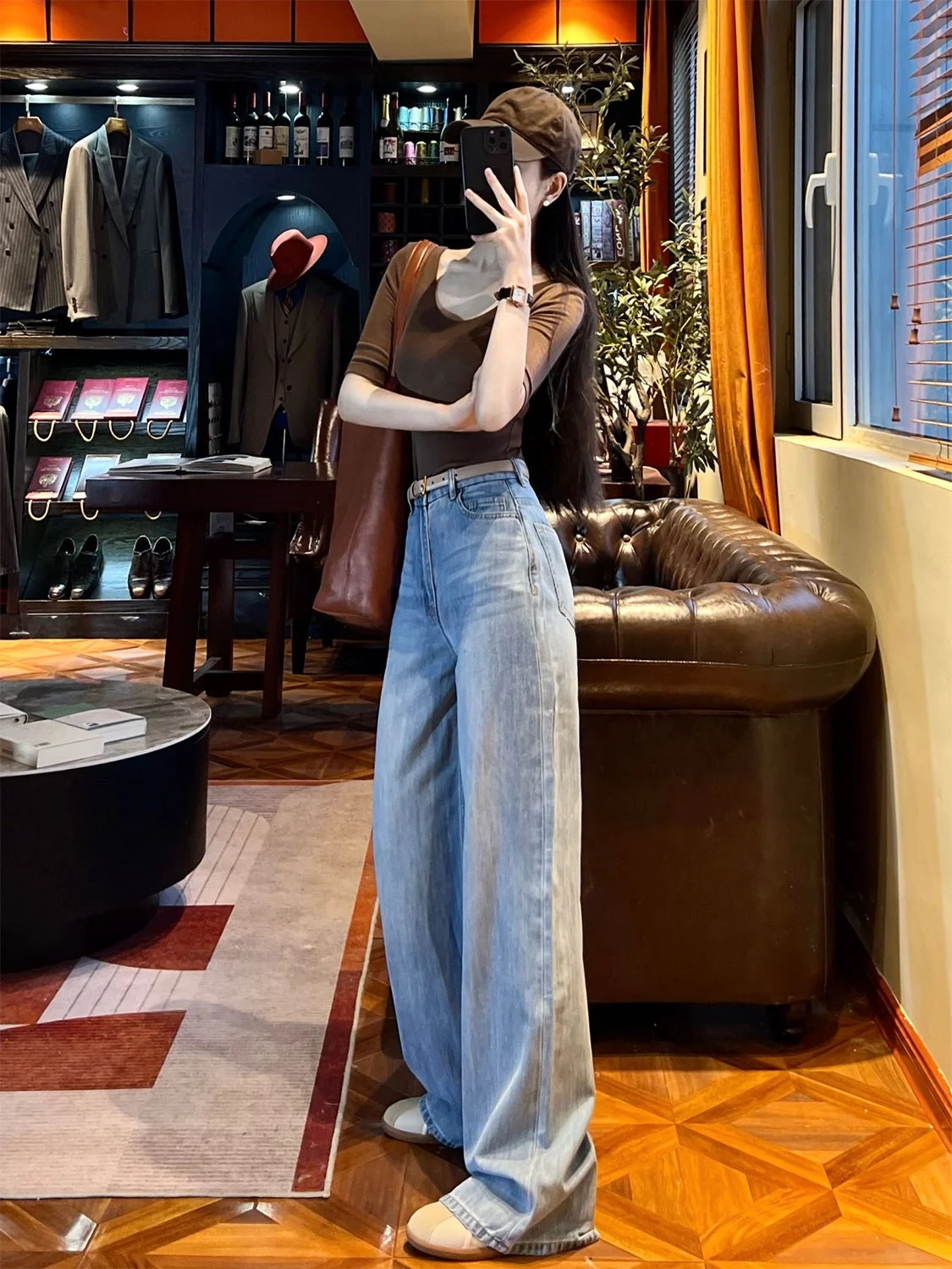 

Yijiang Cool Soft Lyocell Extended High Waist Wide Leg Jeans Women's Summer Casual Loose Fit Bootcut Trousers Light Color