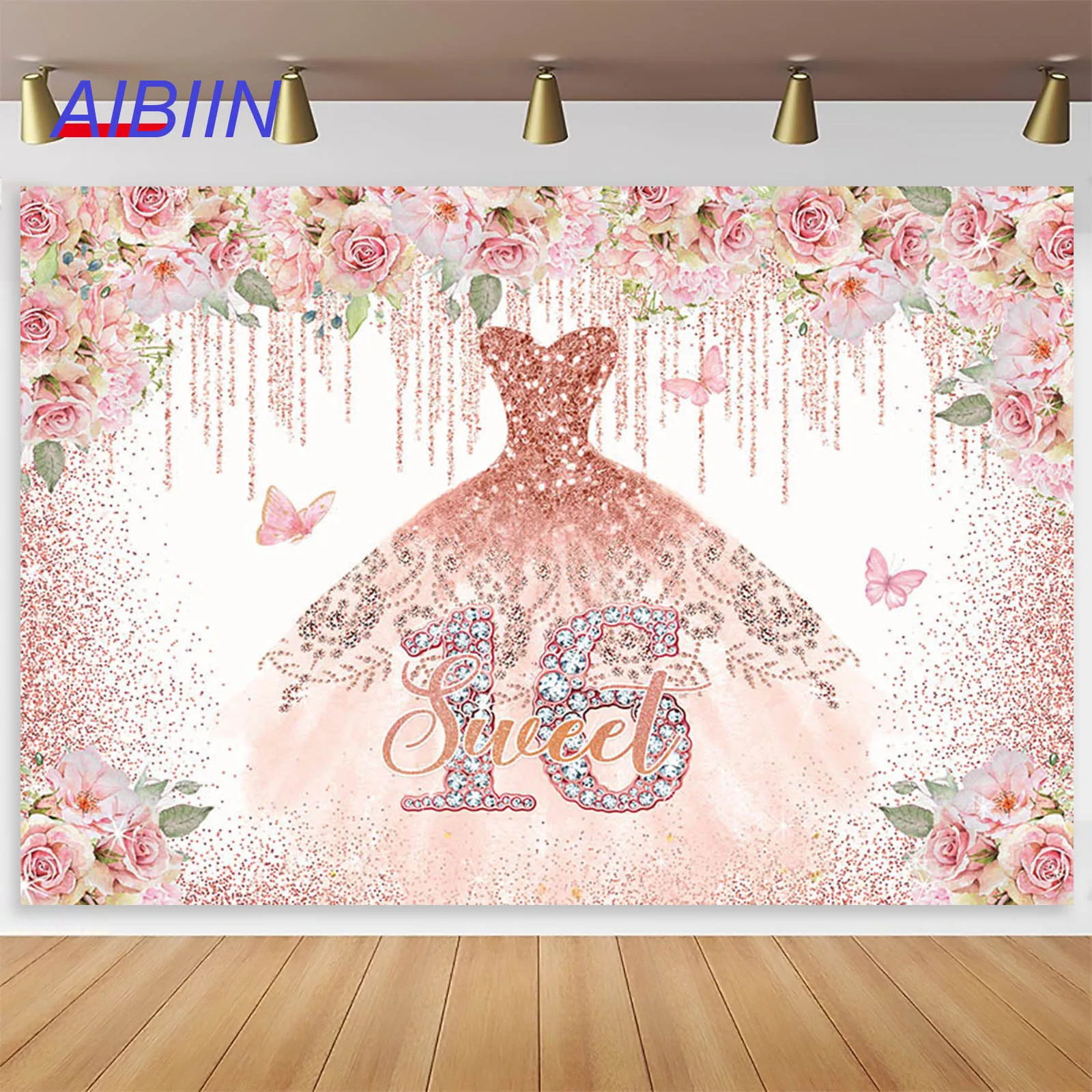 

Sweet 16 Birthday Backdrop Pink Flower Butterfly Princess Dress Photography Background Girl Cake Table Photozone Party Decor