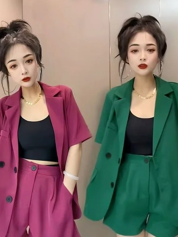 

Short Sleeve Suit Jacket Two-Piece Set Summer Slim Fit Korean Style Casual High Waist Short Pants Fashion plus Size Ensemble