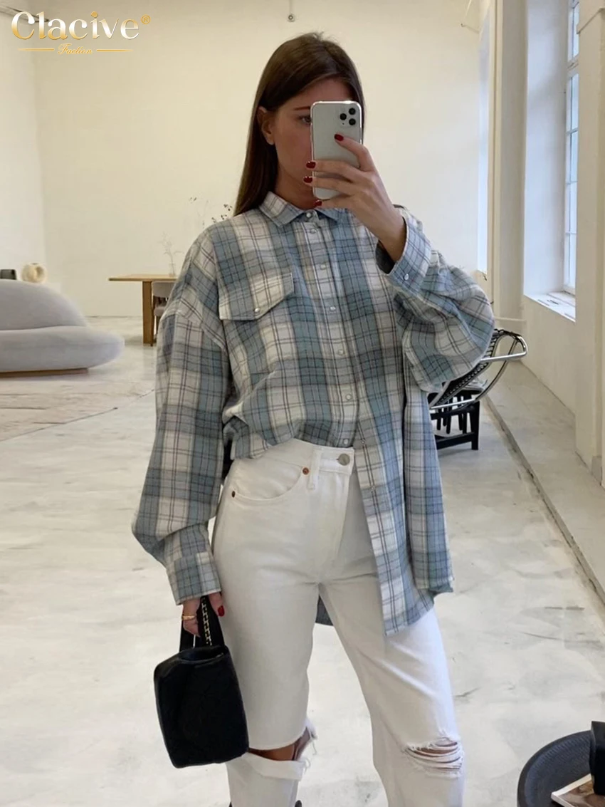 

Clacive Fashion Loose Plaid Women Shirt 2023 Winter Lapel Long Sleeve Office Shirts & Blouses Elegant Classic Pocket Top Female