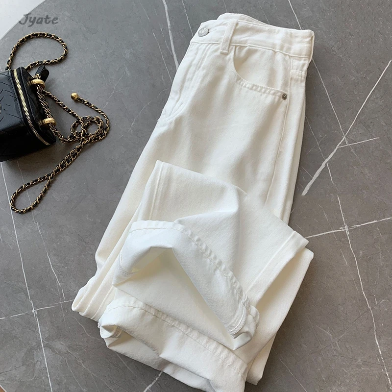 

Spring Summer Fashion White Jeans Casual Solid Color Wide Leg Pant Cotton Comfort High Waist Straight Denim Trouser 2024 New