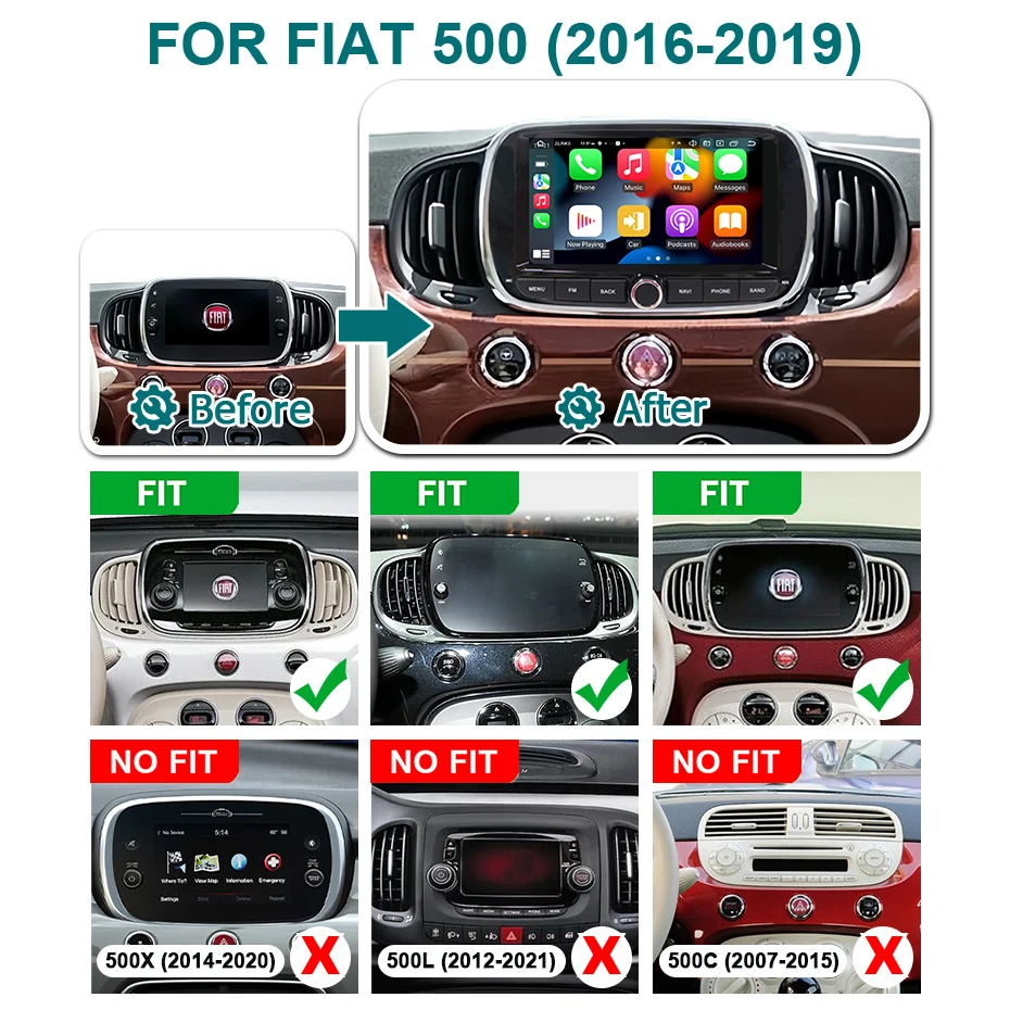 Radio para automóvil con Android 15, compatible con Carplay inalámbrico, para Fiat 500, modelo 2016-2019, con Bluetooth, autorradio 2 DIN, pantalla de 7 pulgadas y reproductor multimedia. 2