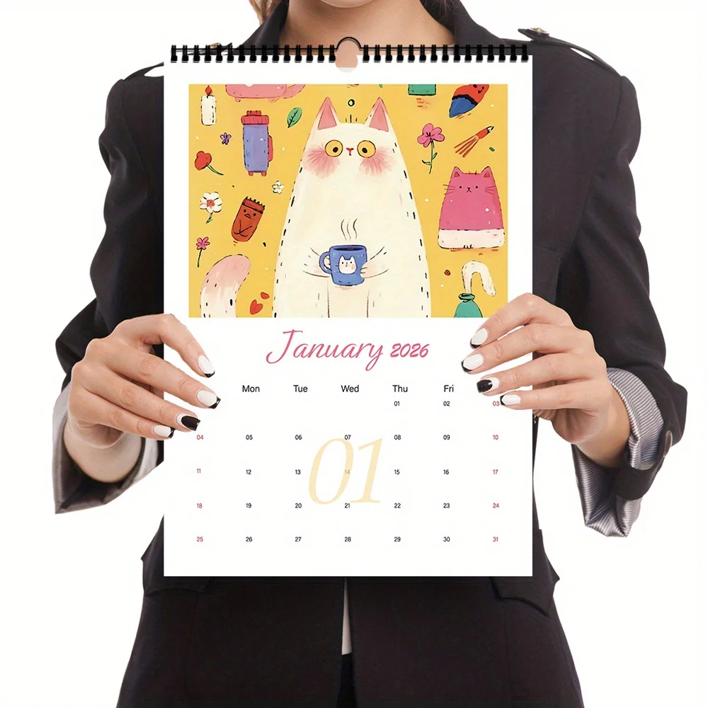 

2026 Cute Cat Wall Calendar - Spiral Hanging Calendar with 12 Hand-Drawn Cat Designs 12-Month Planner for Home/Office