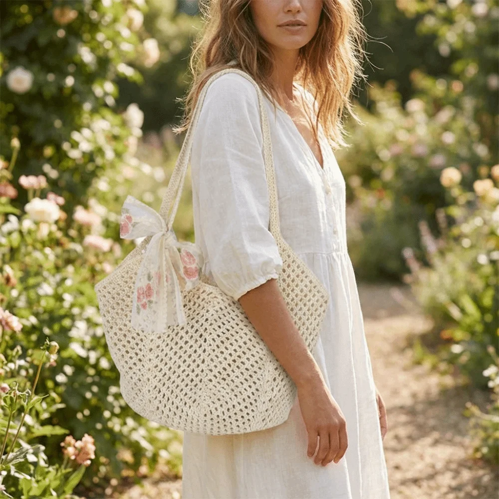 

Solid Color Women Knitting Shoulder Bag Hollow Bohemian Crochet Tote Bag Large Capacity Sundries Storage Bag Woven Handbag