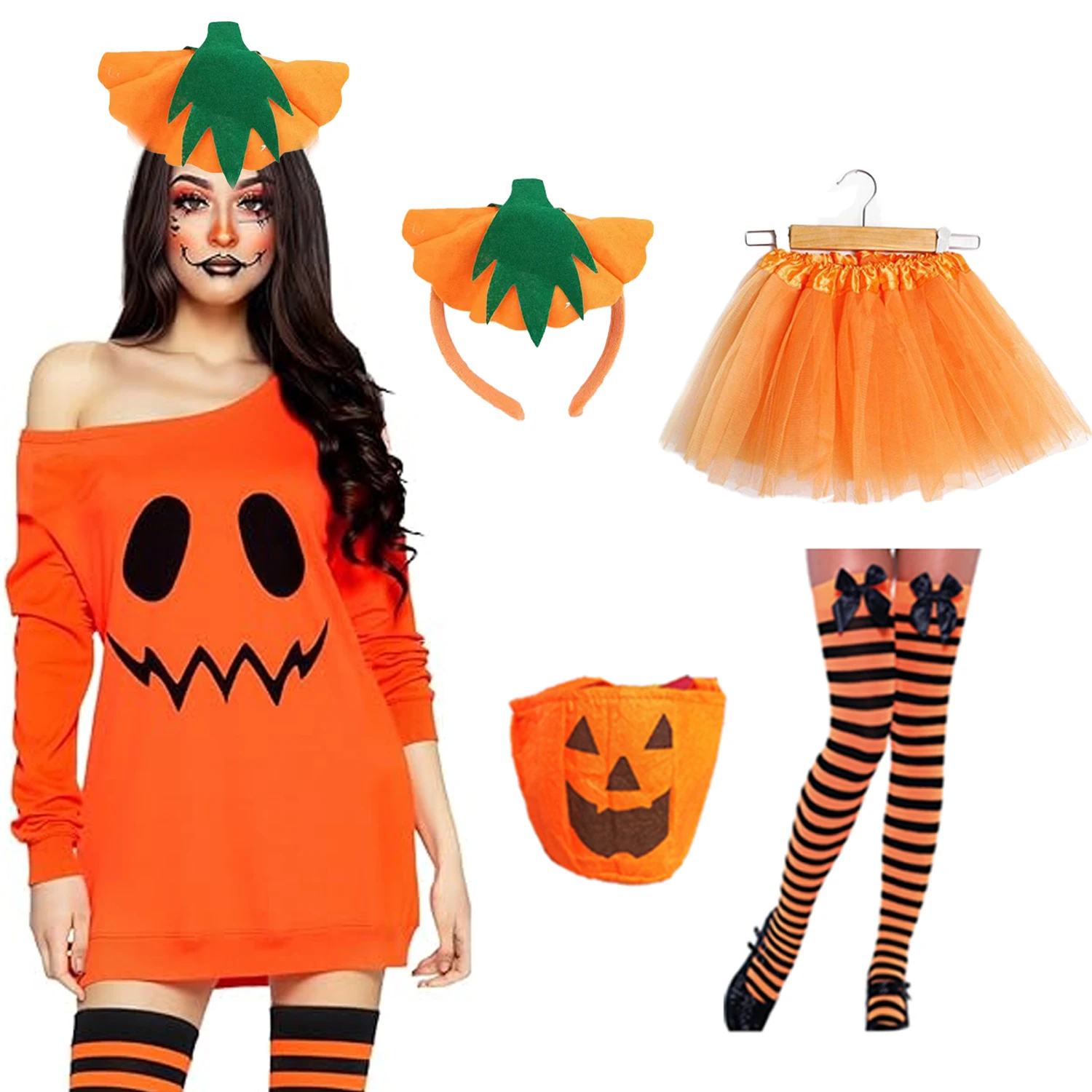 

PESENAR Ghost Costume Halloween Costume for Women Ghost Dress Headband Striped Tights for Halloween Cosplay Party Outfits