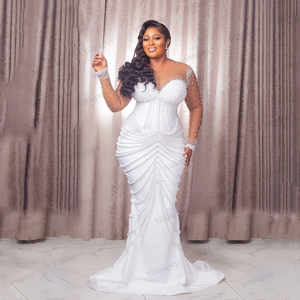 

Pearls White Wedding Dresses Beaded Lace Illusion Full Sleeve Mermaid Bride Gowns African Wedding Reception Gowns Customized