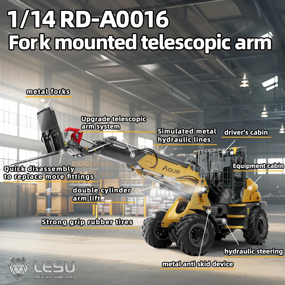 US Stock LESU AT1050 RC Hydraulic Loader 1/14 Metal Telescopic Arm Fork Painted Assembled Car Model With Light Sound Set TH23755