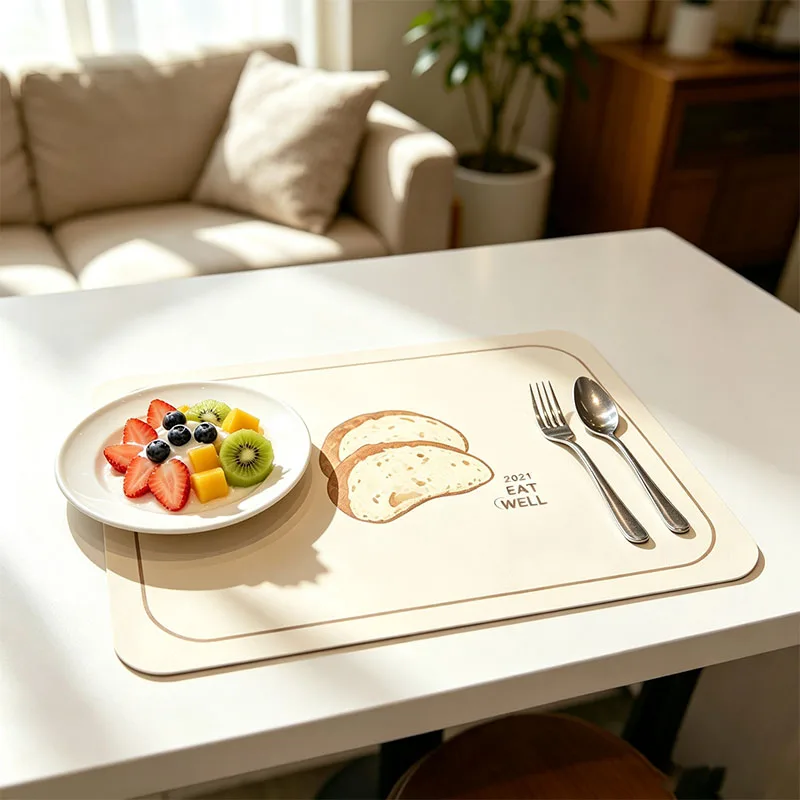 Premium Leather Rectangular Placemat with Bread Motif Water Repellent Grip Backed for Restaurant Kitchen Office Mouse Pad