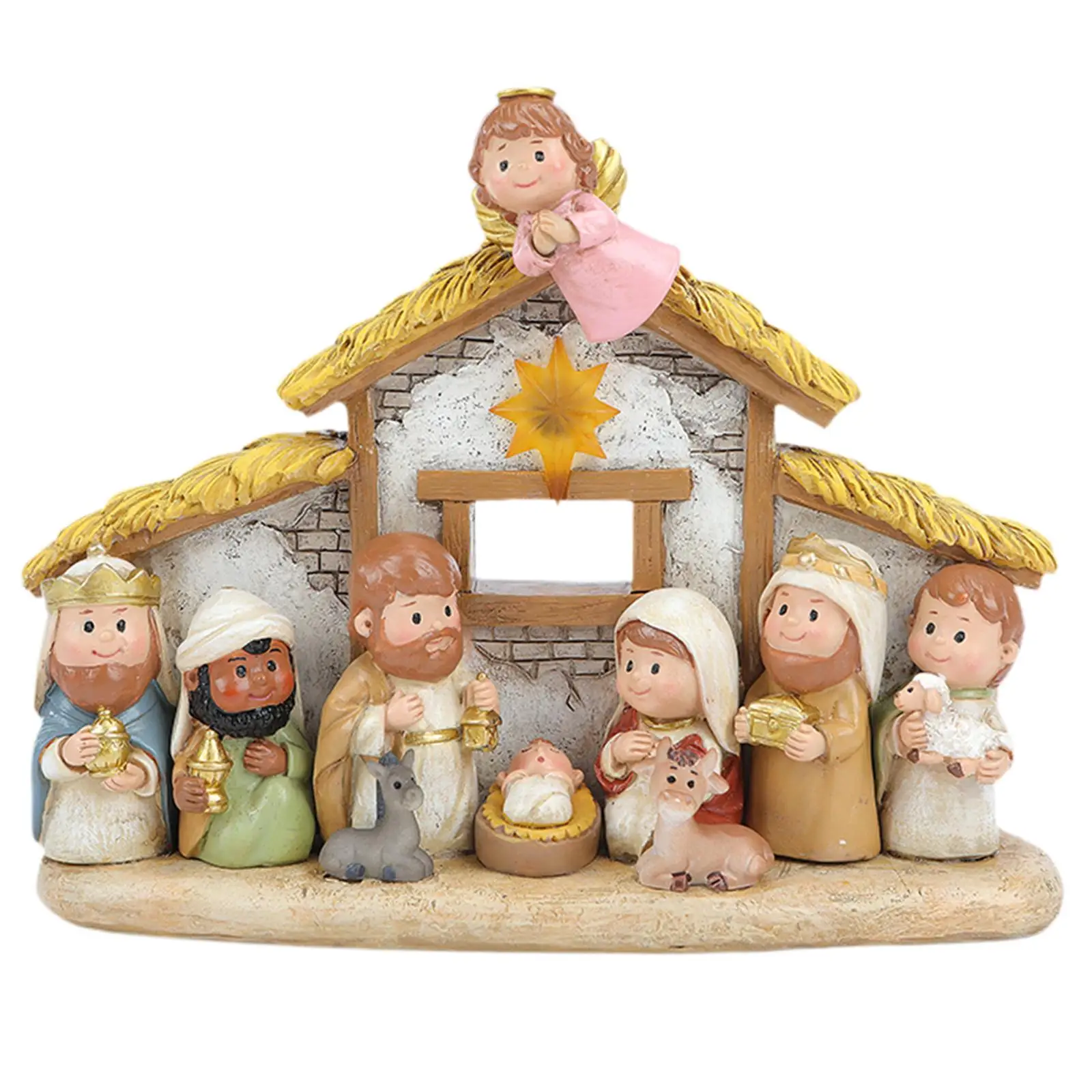 Cartoon Miniatur religiöses Harz Weihnachtskrippe Set Ornament mit Licht