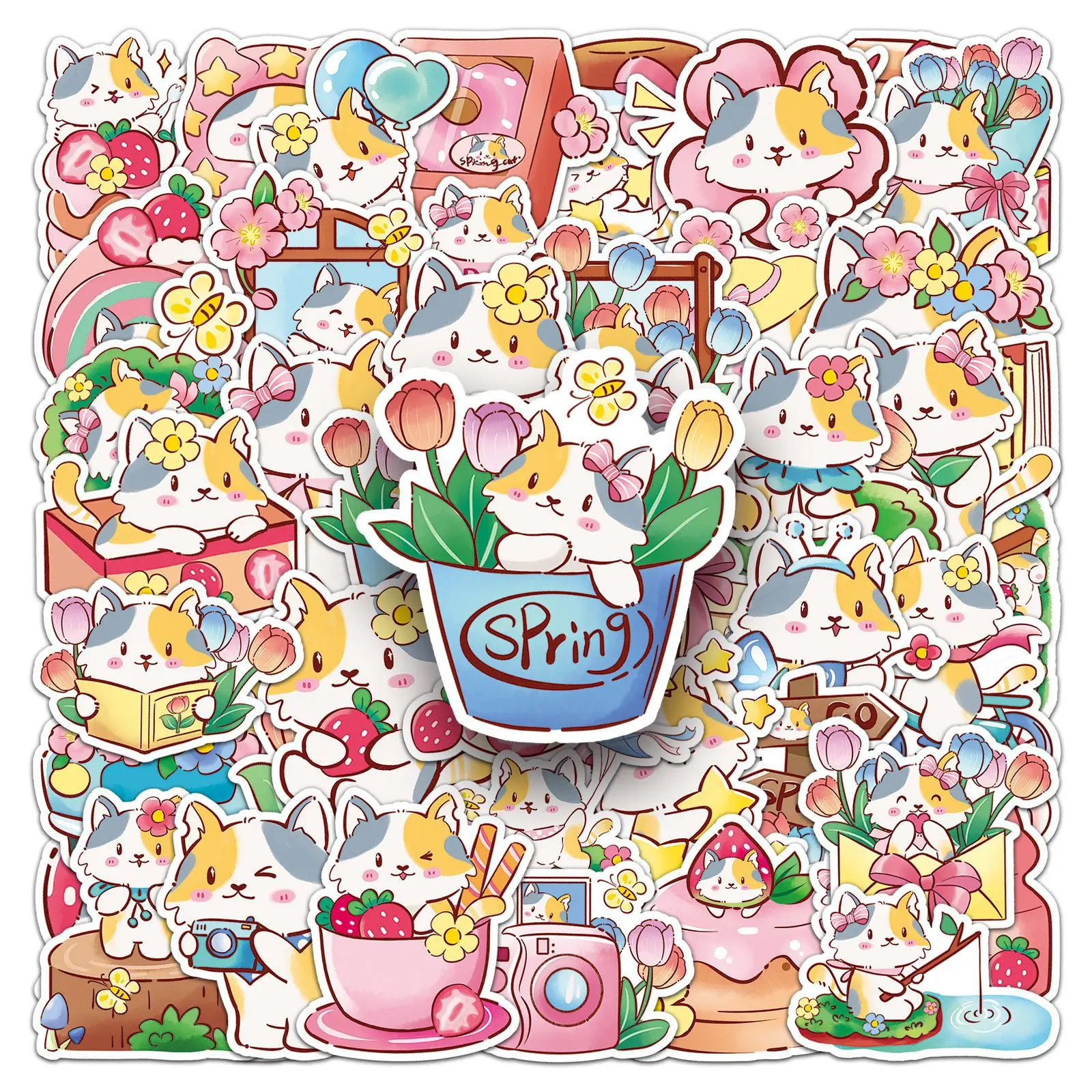 50-100PCS Spring Cat Graffiti Stickers Cartoon Cute Waterproof Decals for Water Bottle Little Mochi Notebook Phone DIY Craft