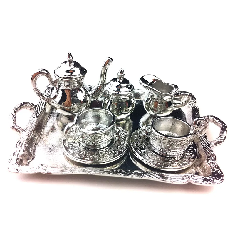 Dollhouse Miniature Silver Metal Tea Coffee Tray Model Kitchen Tableware Set For Doll House Decor Kids Toys Gift