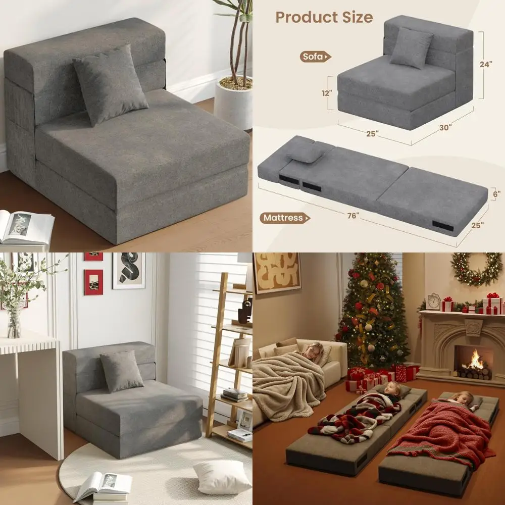 Single Futon Sleeper Chair - 5-in-1 Convertible Sofa Bed with Pillow, Side Pockets, Foldable Foam Couch, Fold Out Furniture for