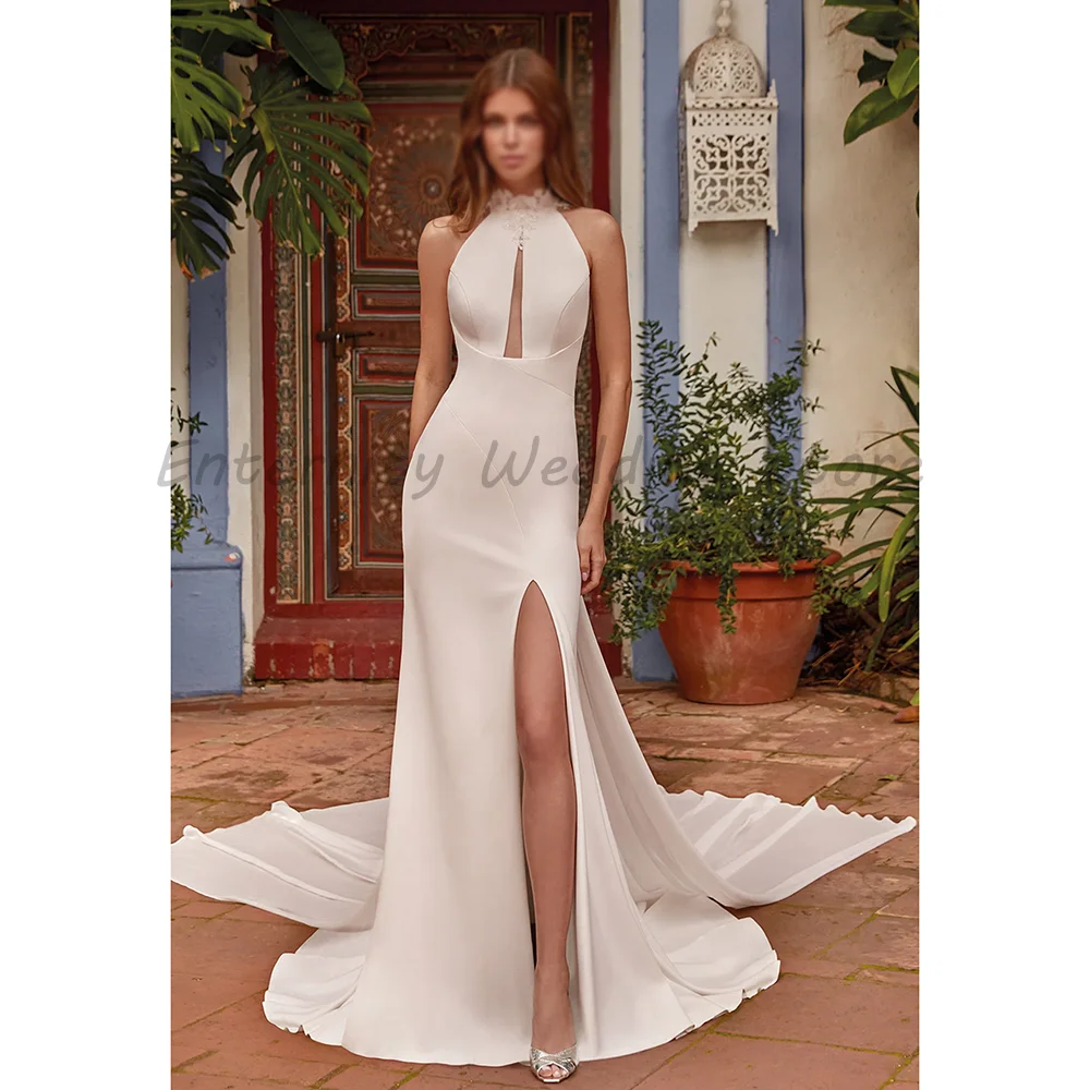 Halter Neck Satin Mermaid Wedding Dress Lace Keyhole Front High Slit Bridal Gown With Chapel Train For Modern Bride