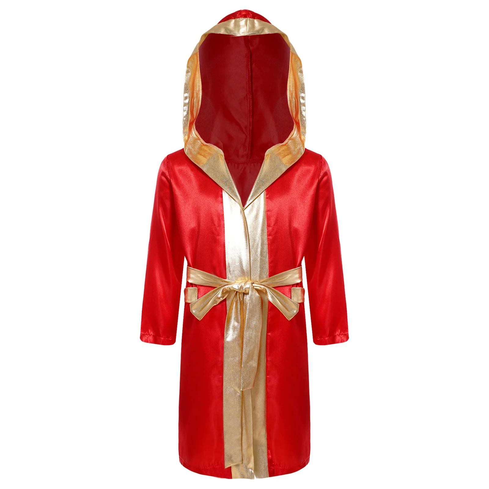 Kids Boys Boxing Robe Thai Kickboxing Costume Long Sleeve Open Front Hoodie Cloak with Belt Halloween Workout Fitness Clothes